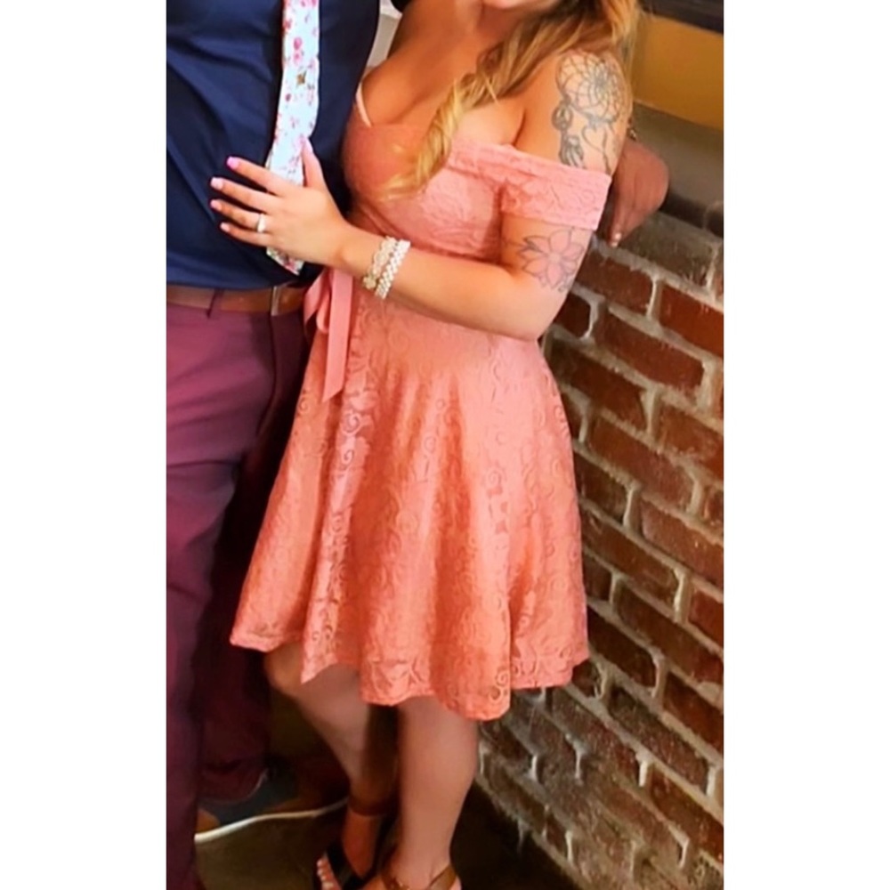 Coral dress, off shoulder